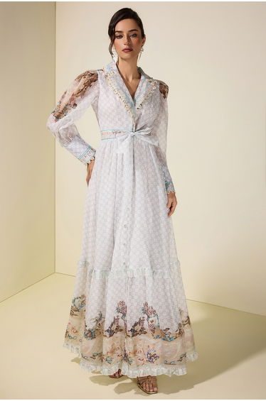 Palace Print V-Neck Rivet Maxi Dress