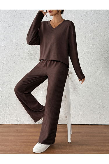 Textured V Neck Top and Straight Leg Pants Co-Ords
