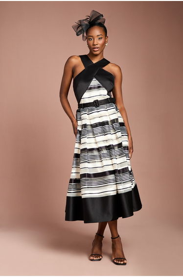 Lisa Tan Halter Neck Mono Stripe Midi Dress