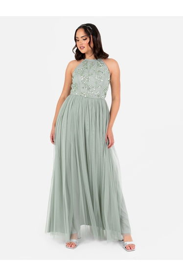 Maya Sage Green Floral Embellished Halter Neck Floor Length Dress