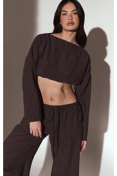 Brown Brushed Check Long Sleeve Crop Top