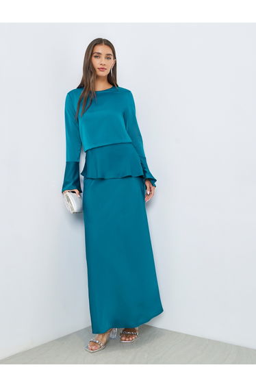 Blue Satin Bell Sleeves Maxi Dress