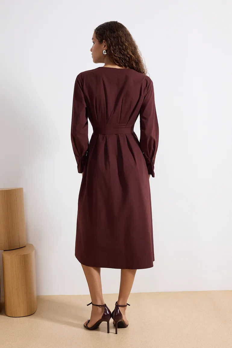 Brown Straight Belted Buttoned Midi Woven Shirt Dress - 3