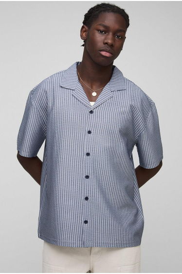 Oversized Embroidered Stripe Seersucker Revere Shirt
