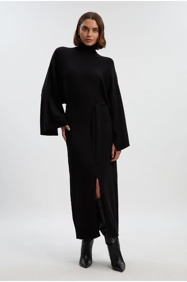 Viscose Blend Funnel Neck Belted Knitted Midi Dress