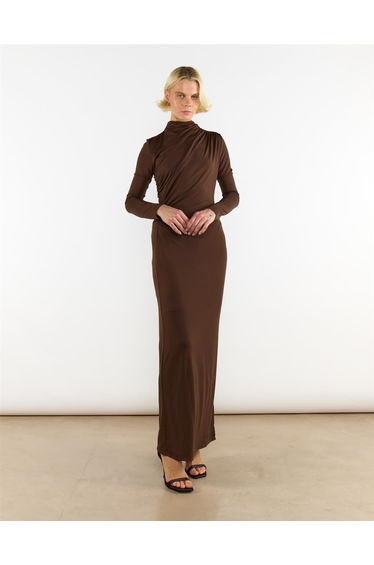 High Neck Split Front Maxi Dress in Dark Brown