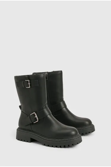 Wide Fit Double Buckle Biker Boots - black
