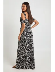 Zebra Print Chiffon Cold Shoulder Ruched Side Maxi Dress - black_white - 1