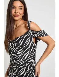Zebra Print Chiffon Cold Shoulder Ruched Side Maxi Dress - black_white - 3