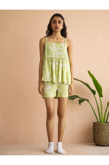 Green Floral Square Neck Viscose Rayon Cami and Shorts Set