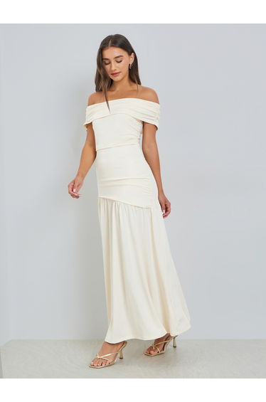 Off White Gathered Off-Shoulder Maxi Dress
