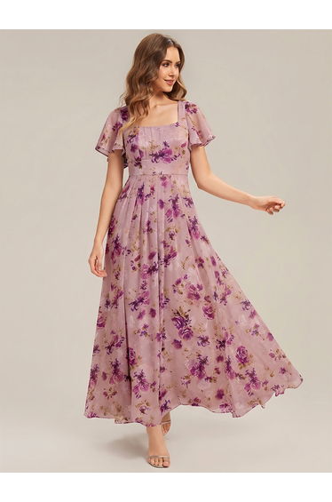 ever AVIEL|Ruched Chiffon Ruffle Sleeve Bridesmaid Dress