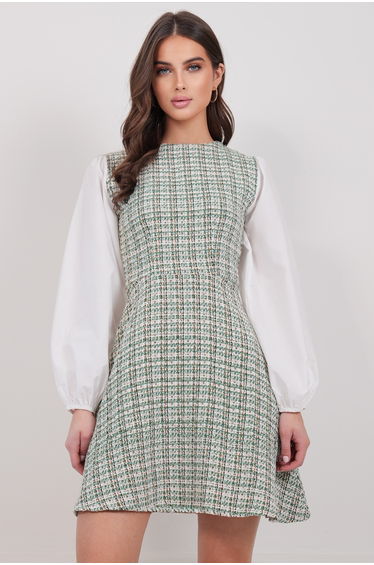 Women's Green Balloon Sleeve Woven Paneled Lined Inside Midi Length Tweed Dress