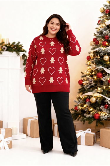 Red Cookie & Heart Patterned Christmas Themed Knitwear Sweater