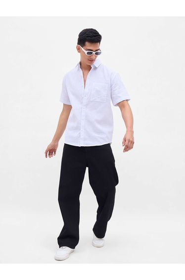 Men White Striped Short Sleeve Relaxed Fit Shirt with Pocket