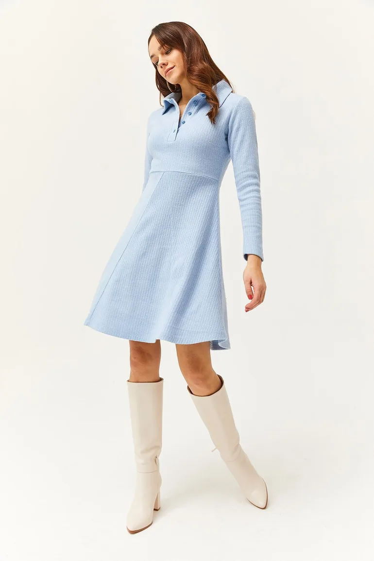 Women's Baby Blue Polo Collar Buttoned Mini Flared Dress - 2