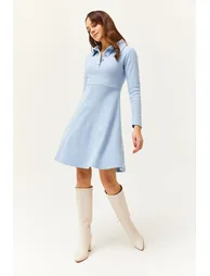 Women's Baby Blue Polo Collar Buttoned Mini Flared Dress - 2