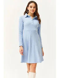Women's Baby Blue Polo Collar Buttoned Mini Flared Dress - 1