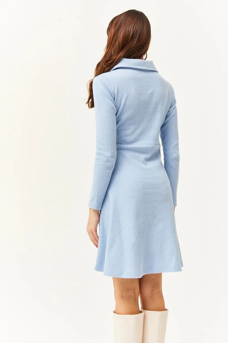 Women's Baby Blue Polo Collar Buttoned Mini Flared Dress - 3