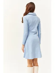 Women's Baby Blue Polo Collar Buttoned Mini Flared Dress - 3