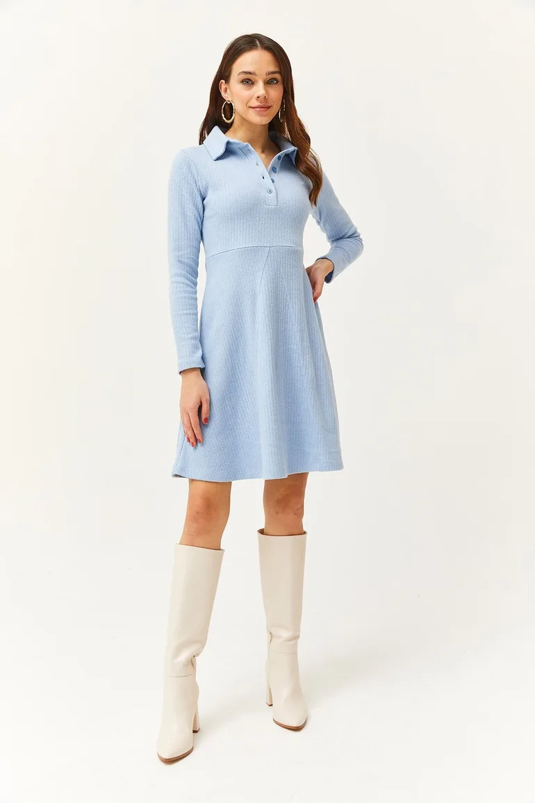 Women's Baby Blue Polo Collar Buttoned Mini Flared Dress