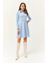 Women's Baby Blue Polo Collar Buttoned Mini Flared Dress