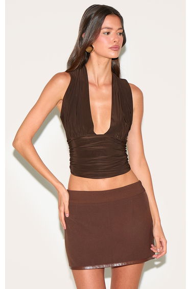 Chocolate Matte Slinky Ruched Detail Sleeveless Top