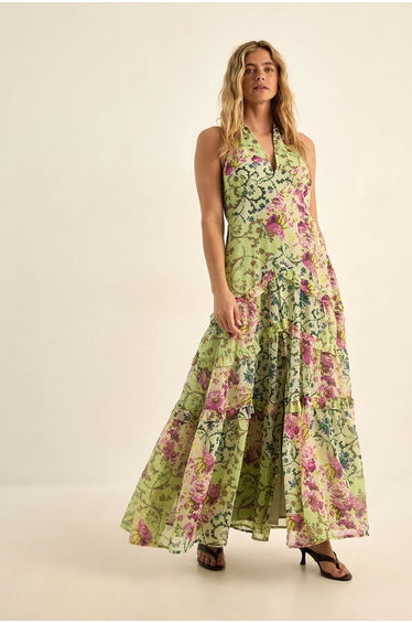 Floral Chiffon Patchwork Ruffle Halter Neck Maxi Dress