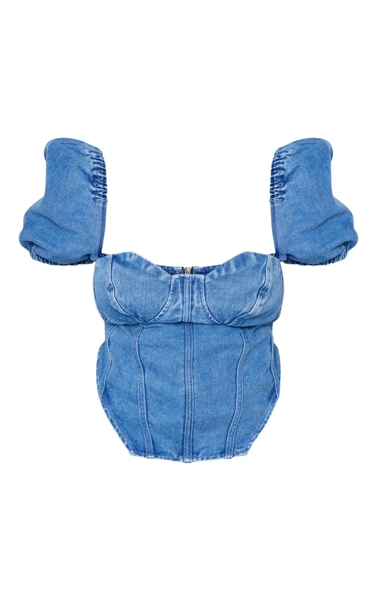 Plus Mid Blue Wash Puff Sleeve Denim Corset Top - 3