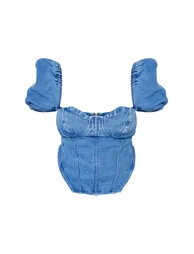 Plus Mid Blue Wash Puff Sleeve Denim Corset Top - 3