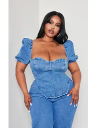Plus Mid Blue Wash Puff Sleeve Denim Corset Top - 1
