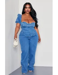 Plus Mid Blue Wash Puff Sleeve Denim Corset Top