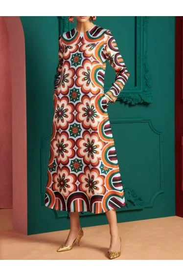 Long Sleeves Contrast Color Flower Print Round-Neck Midi Dresses