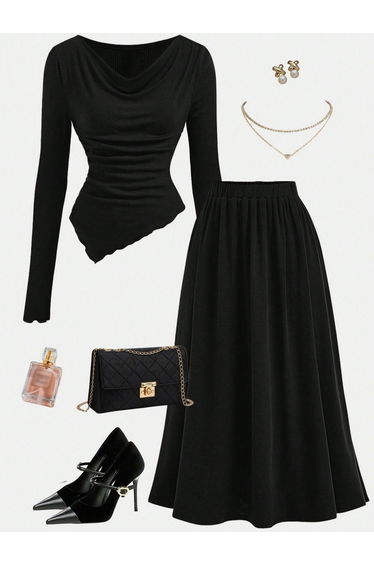 Solid Cowl Neck Top and Elastic Waist Skirt Co-Ords