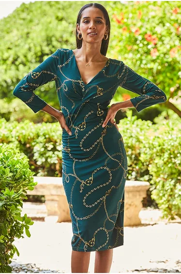 Green & Gold Chain Print Knot Front Midi Jersey Dress