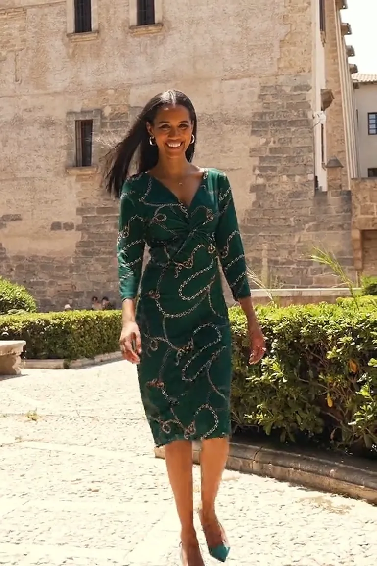 Shop Green & Gold Chain Print Knot Front Midi Jersey Dress Online in Bahrain Shop Green & Gold Chain Print Knot Front Midi Jersey Dress Online in Bahrain