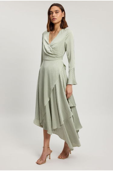 Hammered Satin With Lace Trim Long Sleeve Hanky Hem Dress