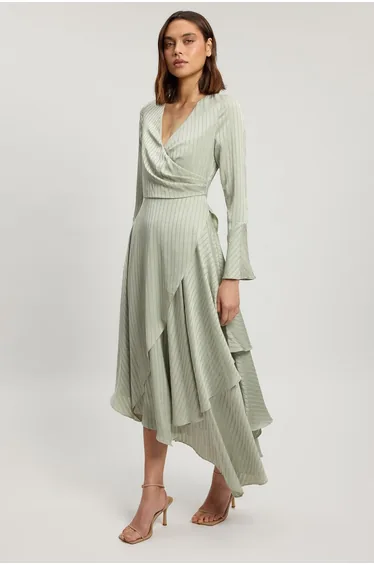 Hammered Satin With Lace Trim Long Sleeve Hanky Hem Dress