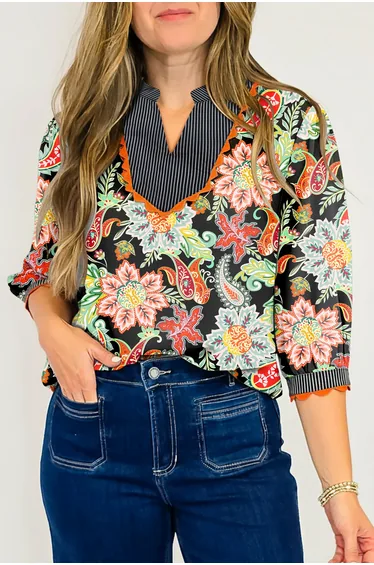 Lvness Black Contrast Ricrac Trim Striped Edge Patchwork Floral Print Blouse