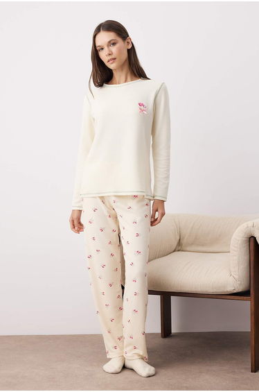 Ecru-Pink Animal Applique Waffle Knit Pajama Set