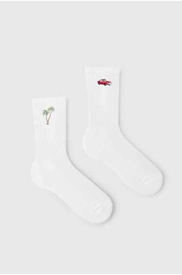 2 Pack Palm Tree & Car Embroidered Socks - white