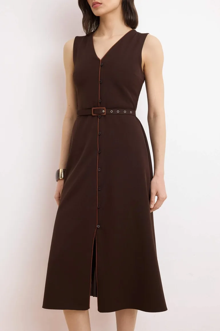 Brown Belted Straight A-Line Belted Midi Woven Dress - 2