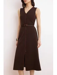 Brown Belted Straight A-Line Belted Midi Woven Dress - 2