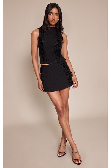 Black Woven Floral Velvet High Neck Top