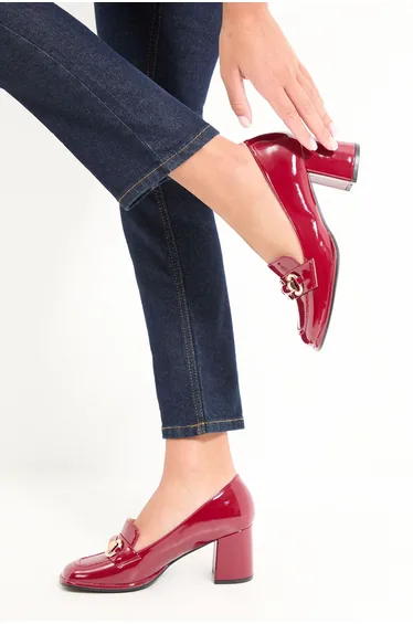 Lucie Faux Patent Leather Snaffle Detail Mid Block Heel Loafers