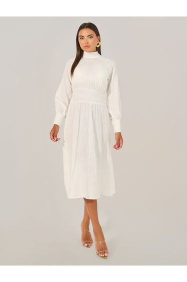 Plain Smocked Waist A-Line Midi Dress