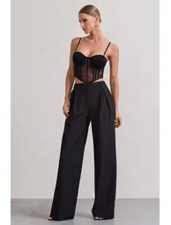 Raina | Black High Waist Pleated Wide-Leg Trousers - 2