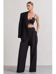 Raina | Black High Waist Pleated Wide-Leg Trousers