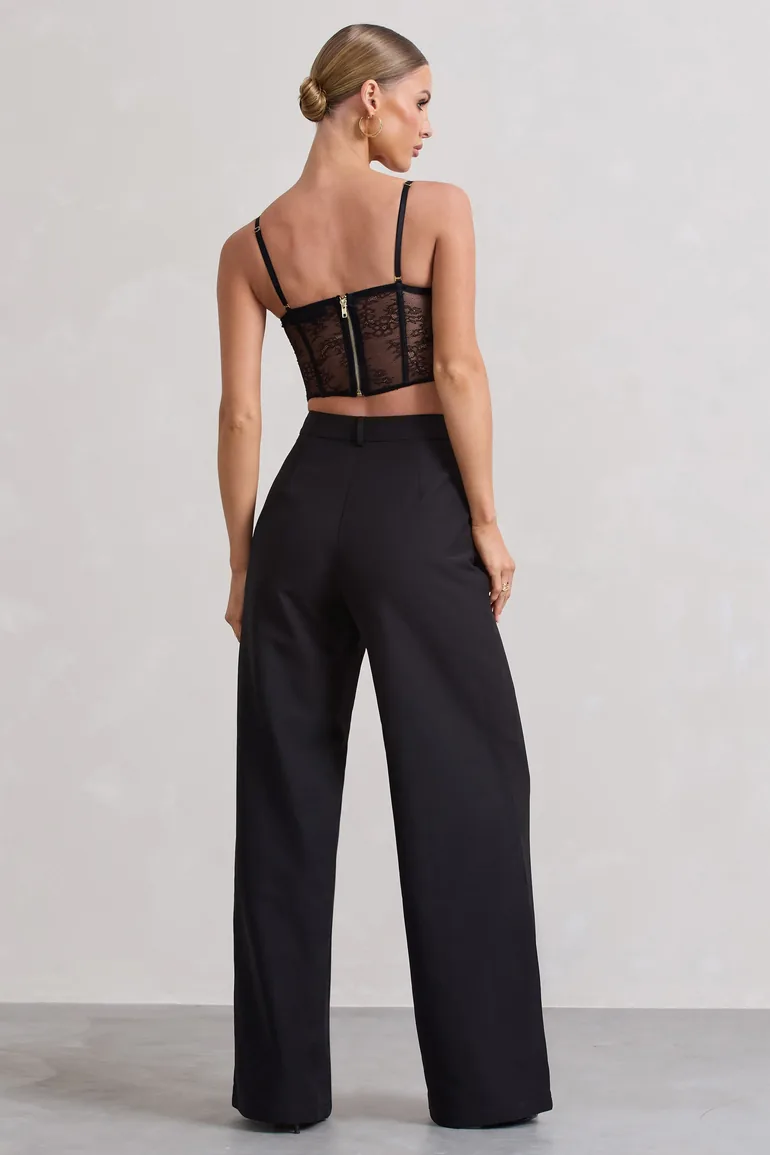 Raina | Black High Waist Pleated Wide-Leg Trousers - 1