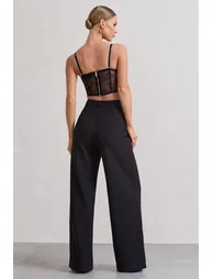 Raina | Black High Waist Pleated Wide-Leg Trousers - 1